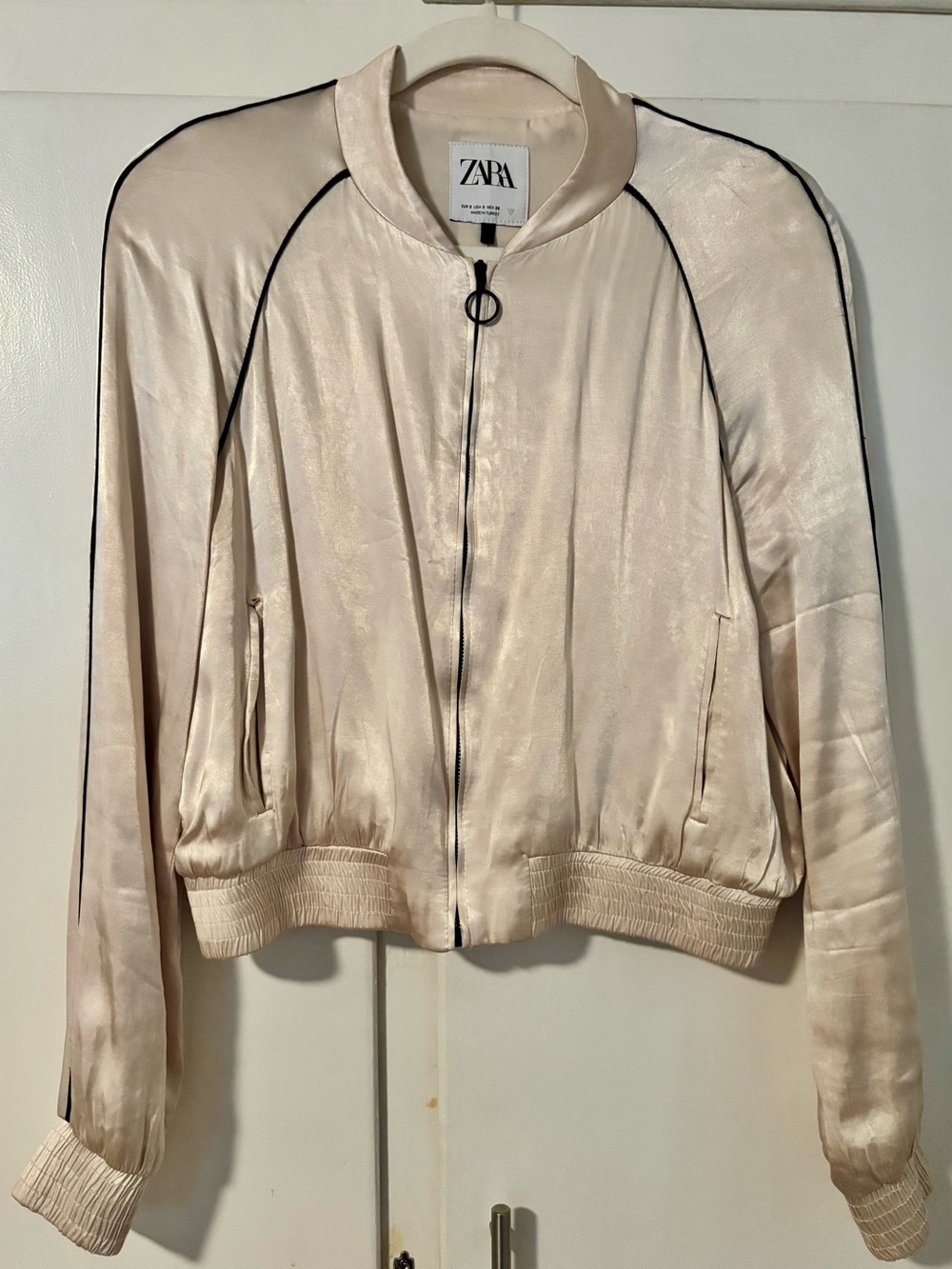 Zara Cream Satin Bomber Jacket with Black Piping